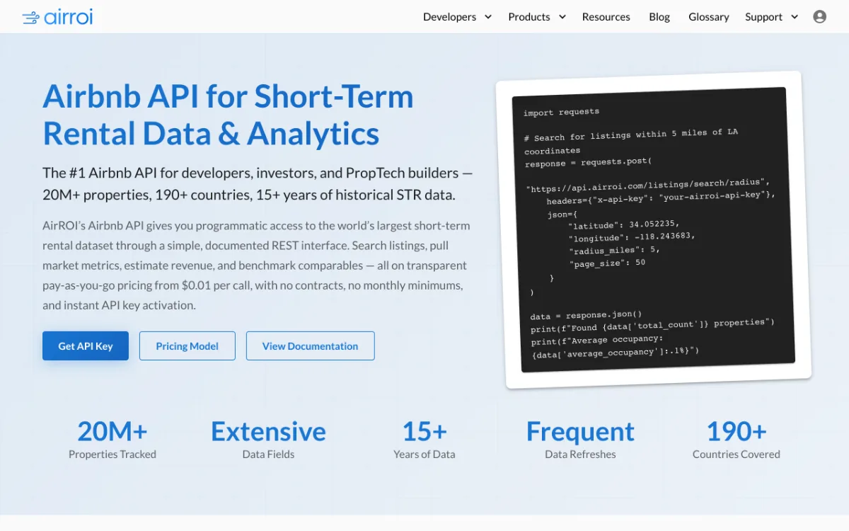 AirROI Airbnb Data API page, captured October 27, 2026