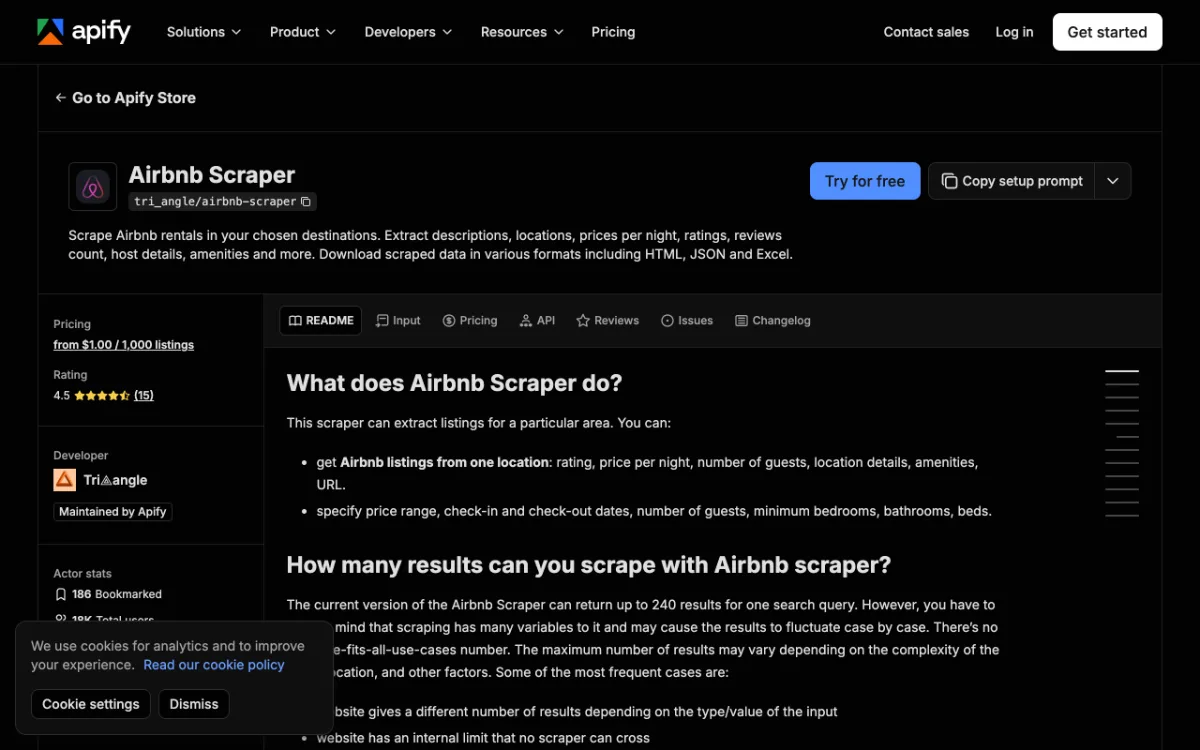 Apify Airbnb Scraper actor page, captured October 27, 2026