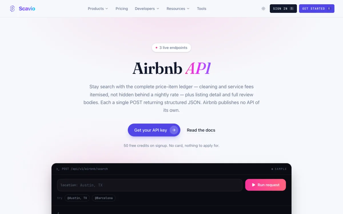 Scavio Airbnb API page, captured October 27, 2026