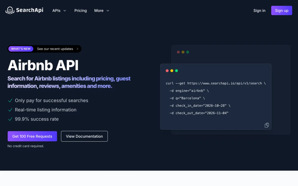 SearchApi Airbnb API page, captured October 27, 2026