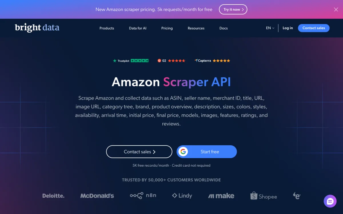 Bright Data Amazon Scraper API page, captured October 27, 2026