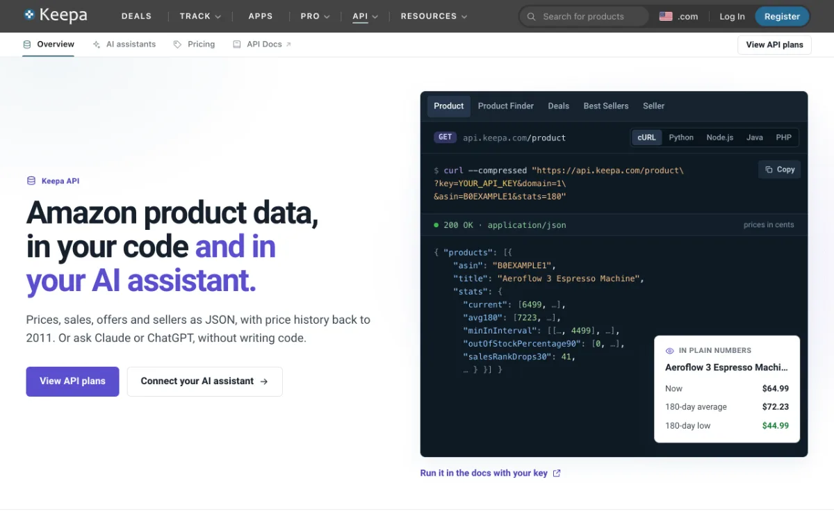 Keepa API page, captured October 27, 2026