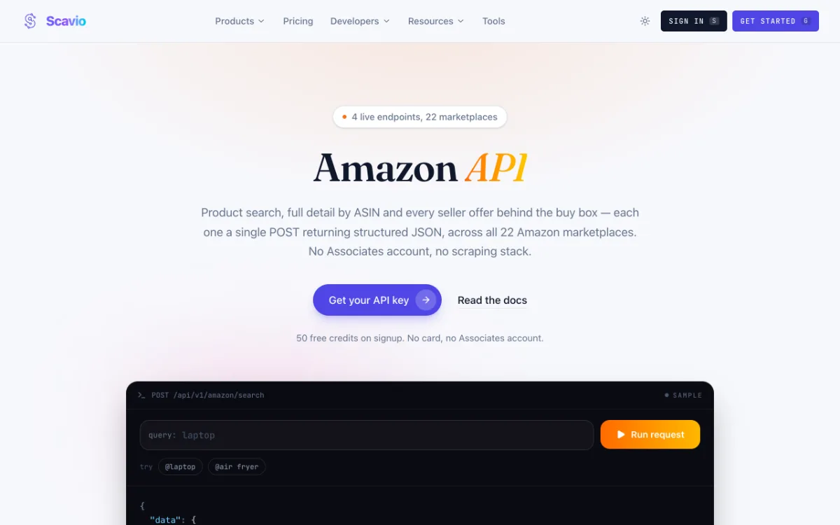 Scavio Amazon API page, captured October 27, 2026