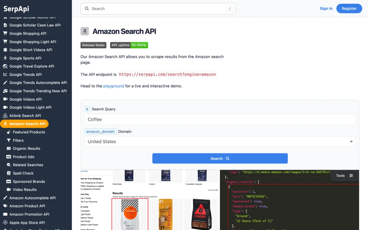 SerpApi Amazon Search API page, captured October 27, 2026