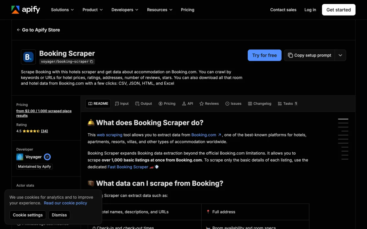Apify Booking Scraper actor page, captured October 27, 2026