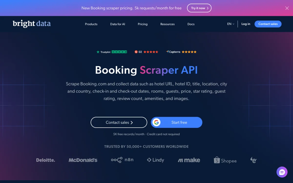 Bright Data Booking Scraper API page, captured October 27, 2026
