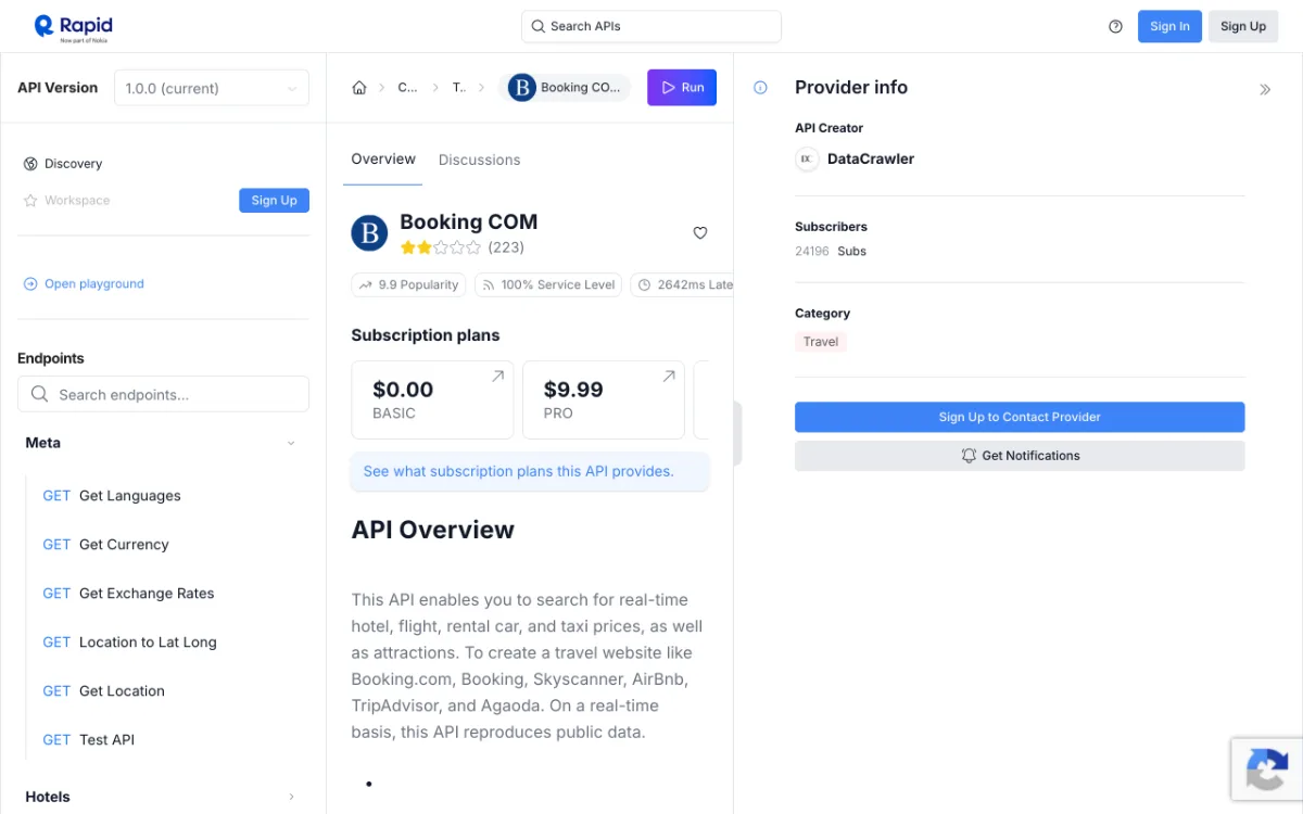 Booking COM API listing on RapidAPI, captured October 27, 2026