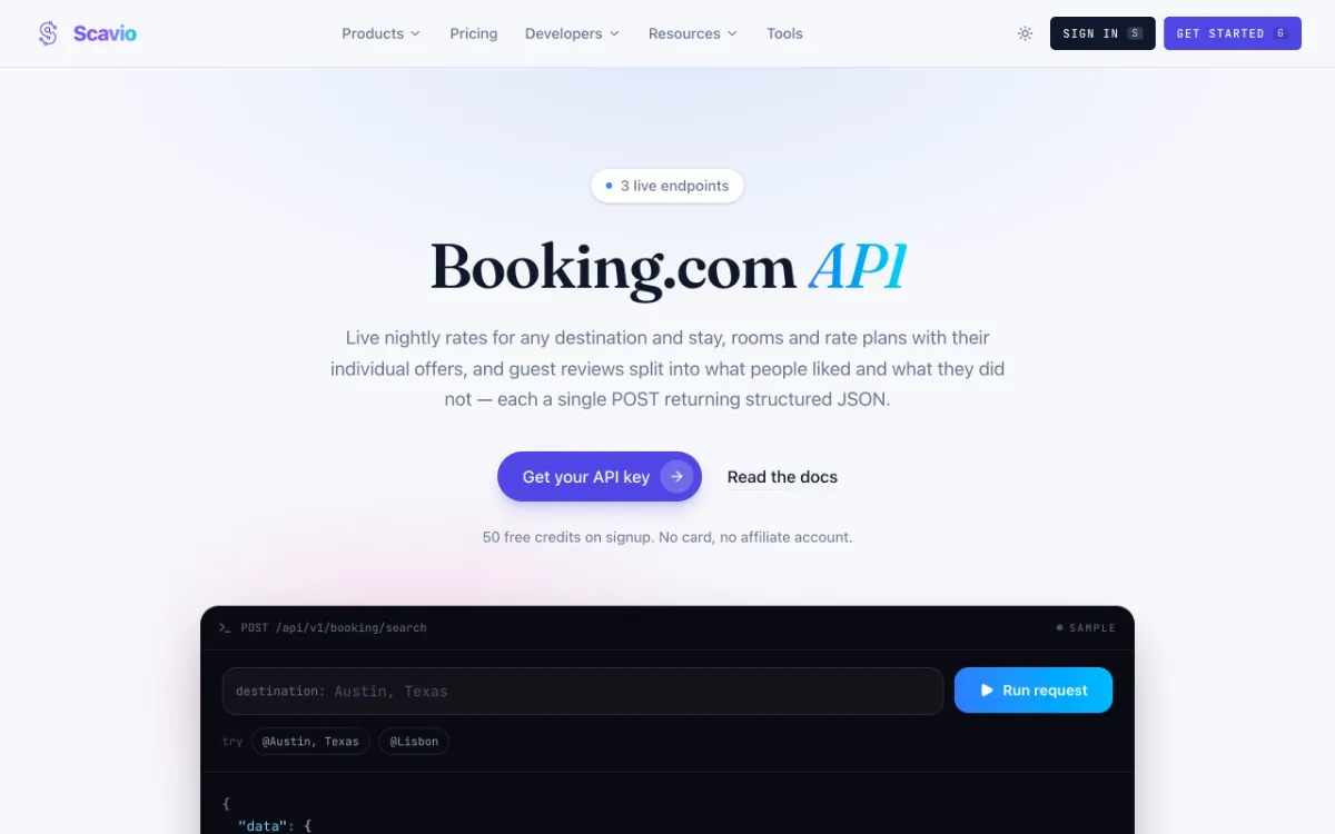 Scavio Booking.com API page, captured October 27, 2026