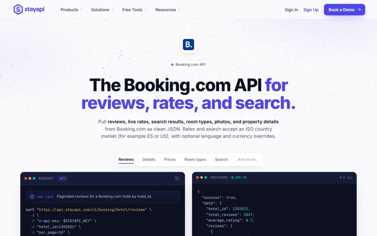 StayAPI Booking.com API page, captured October 27, 2026