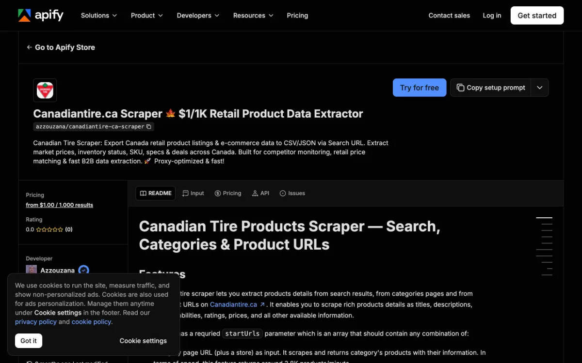 Apify Canadiantire.ca Scraper actor page, captured October 31, 2026