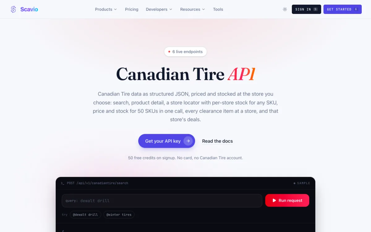 Scavio Canadian Tire API page, captured October 31, 2026