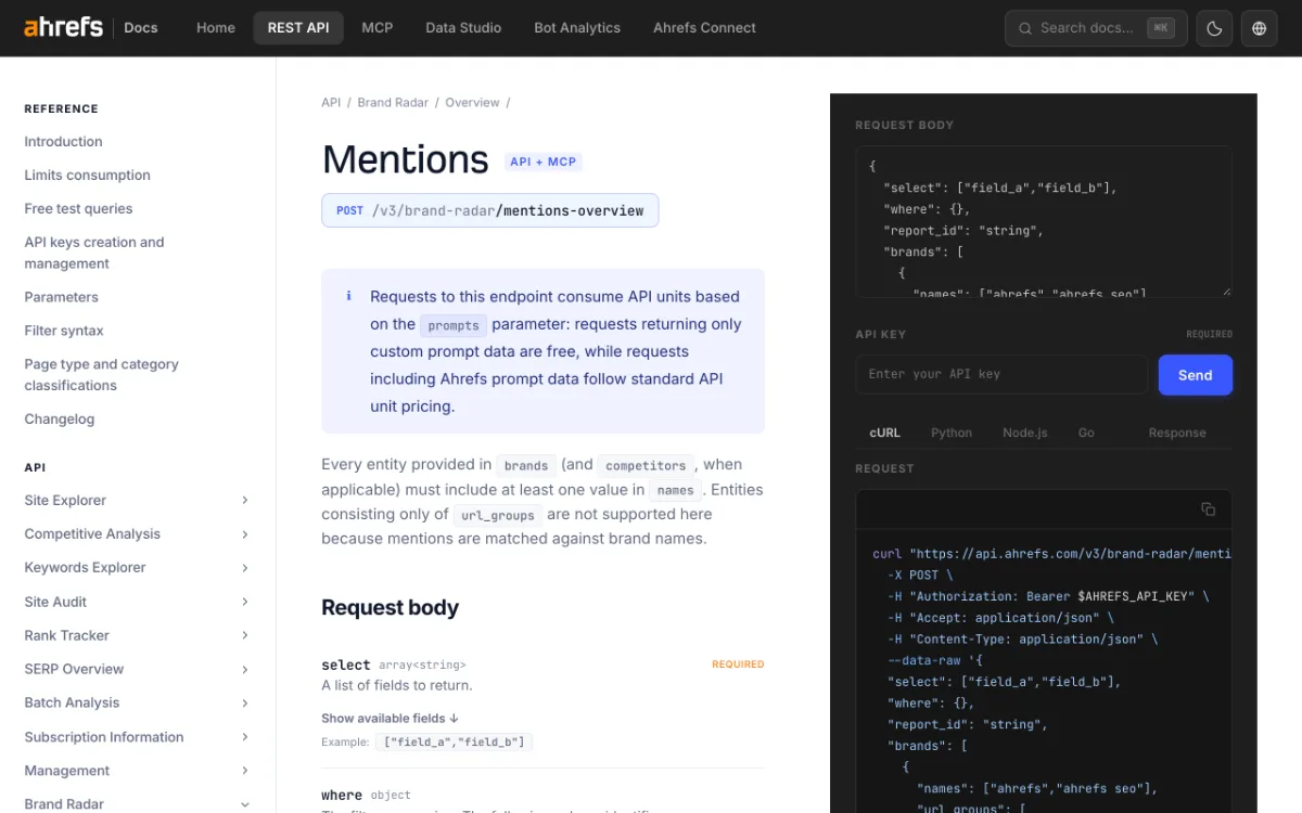 Ahrefs Brand Radar API reference, captured October 27, 2026