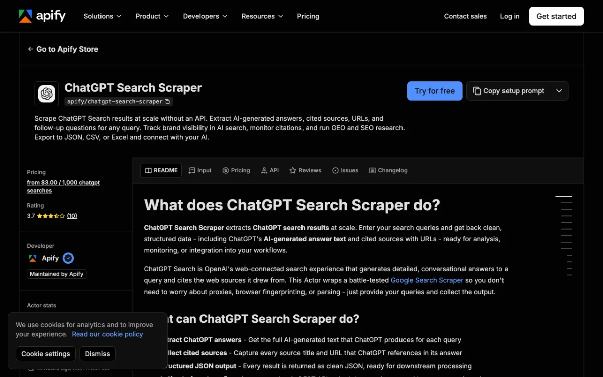 Apify ChatGPT Search Scraper actor page, captured October 27, 2026