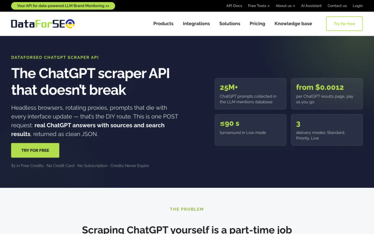 DataForSEO ChatGPT Scraper API page, captured October 27, 2026