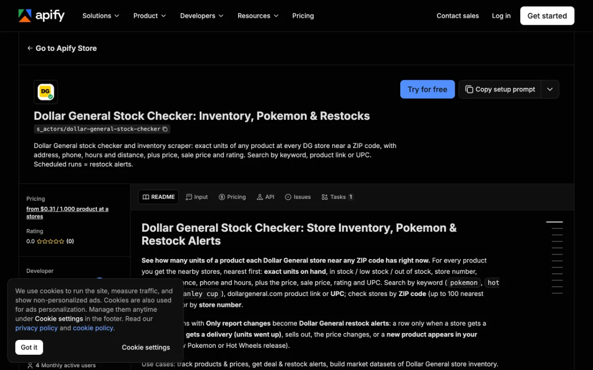 Apify Dollar General Stock Checker actor page, captured October 31, 2026