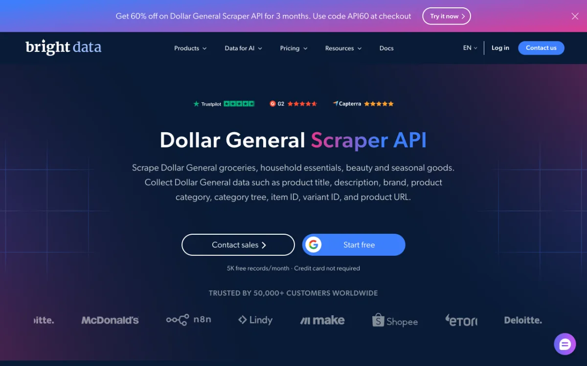 Bright Data Dollar General Scraper API page, captured October 31, 2026