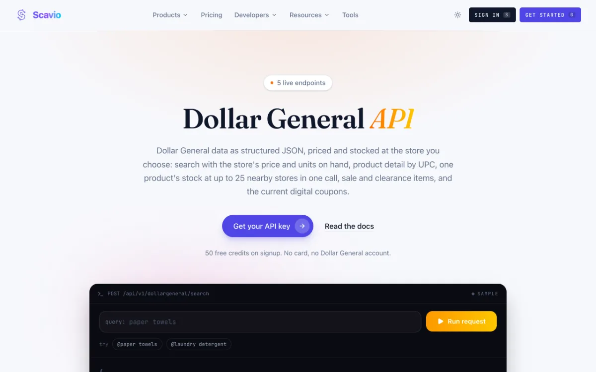 Scavio Dollar General API page, captured October 31, 2026