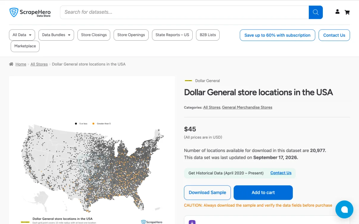 ScrapeHero Dollar General store locations page, captured October 31, 2026