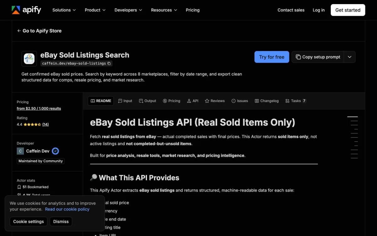 Apify eBay Sold Listings actor page, captured October 27, 2026