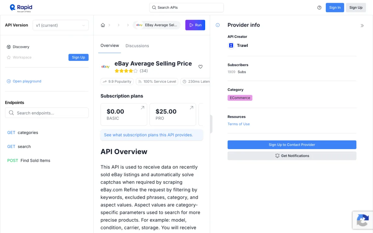 eBay Average Selling Price on RapidAPI page, captured October 27, 2026
