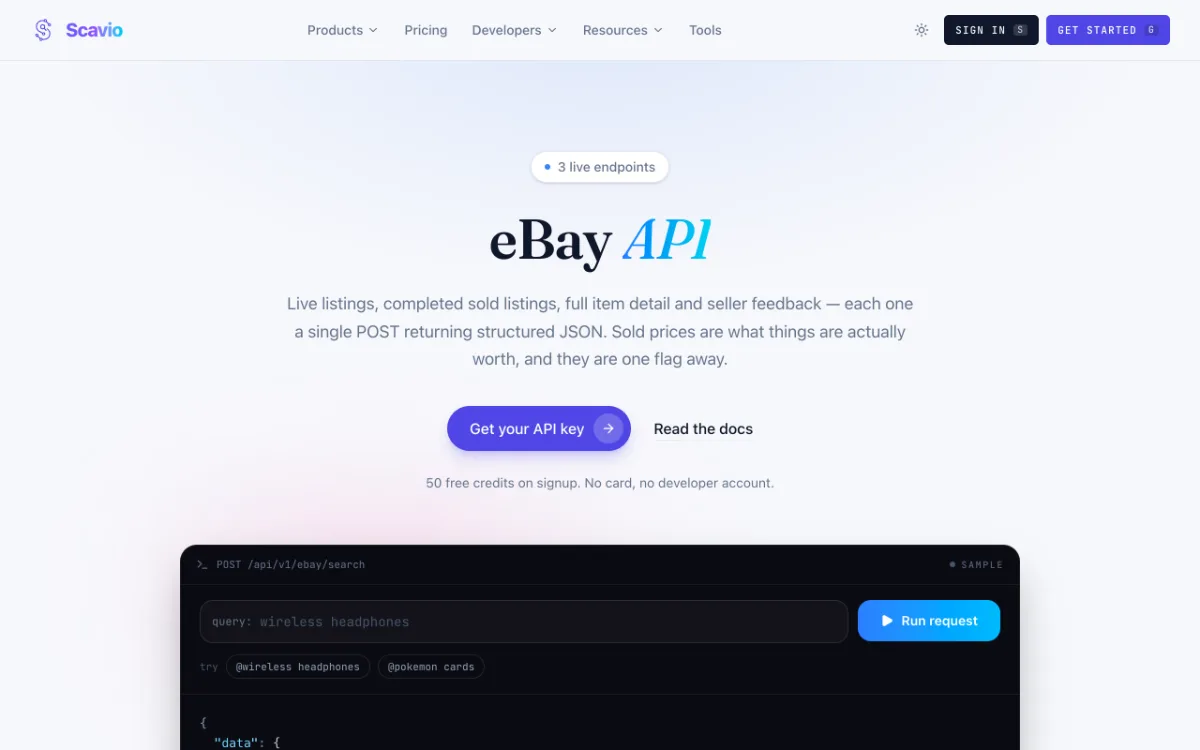 Scavio eBay API page, captured October 27, 2026