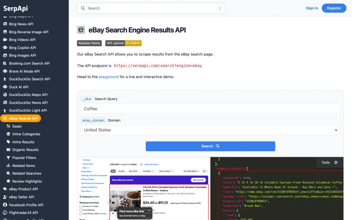 SerpApi eBay Search API page, captured October 27, 2026