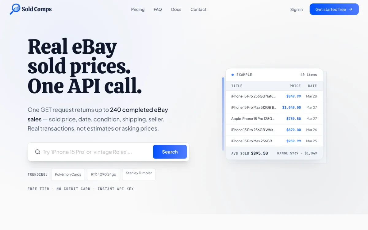 SoldComps eBay Sold Listings API page, captured October 27, 2026