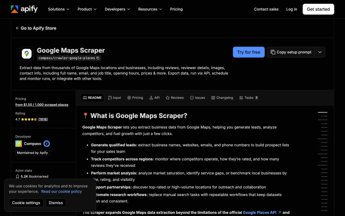 Apify Google Maps Scraper actor page, captured October 27, 2026