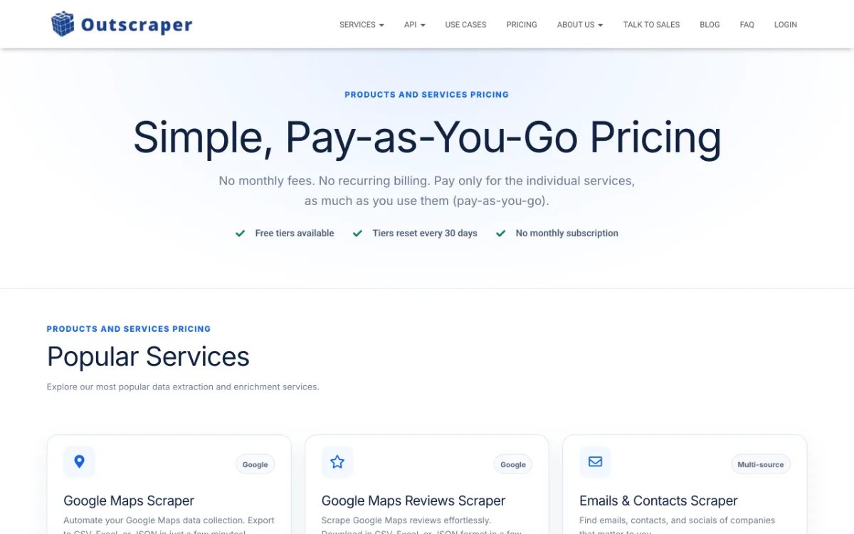 Outscraper pricing page, captured October 27, 2026