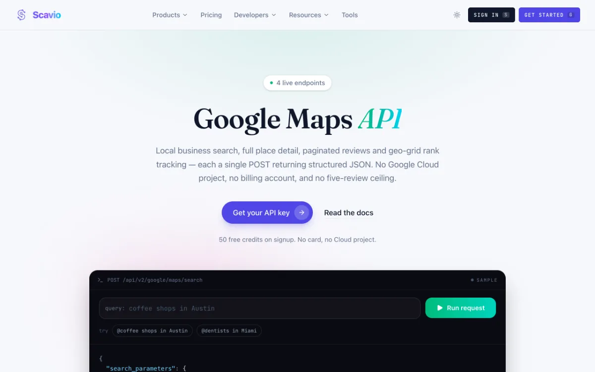 Scavio Google Maps API page, captured October 27, 2026