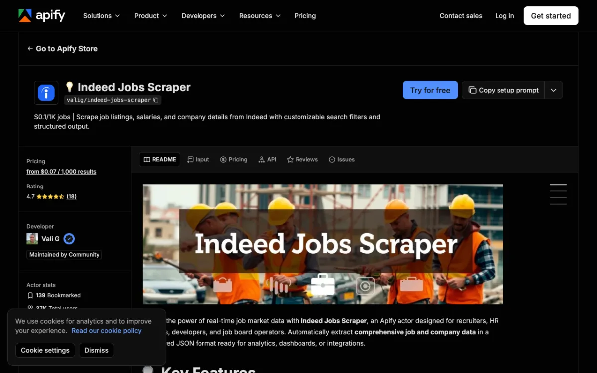 Apify Indeed Jobs Scraper actor page, captured October 27, 2026
