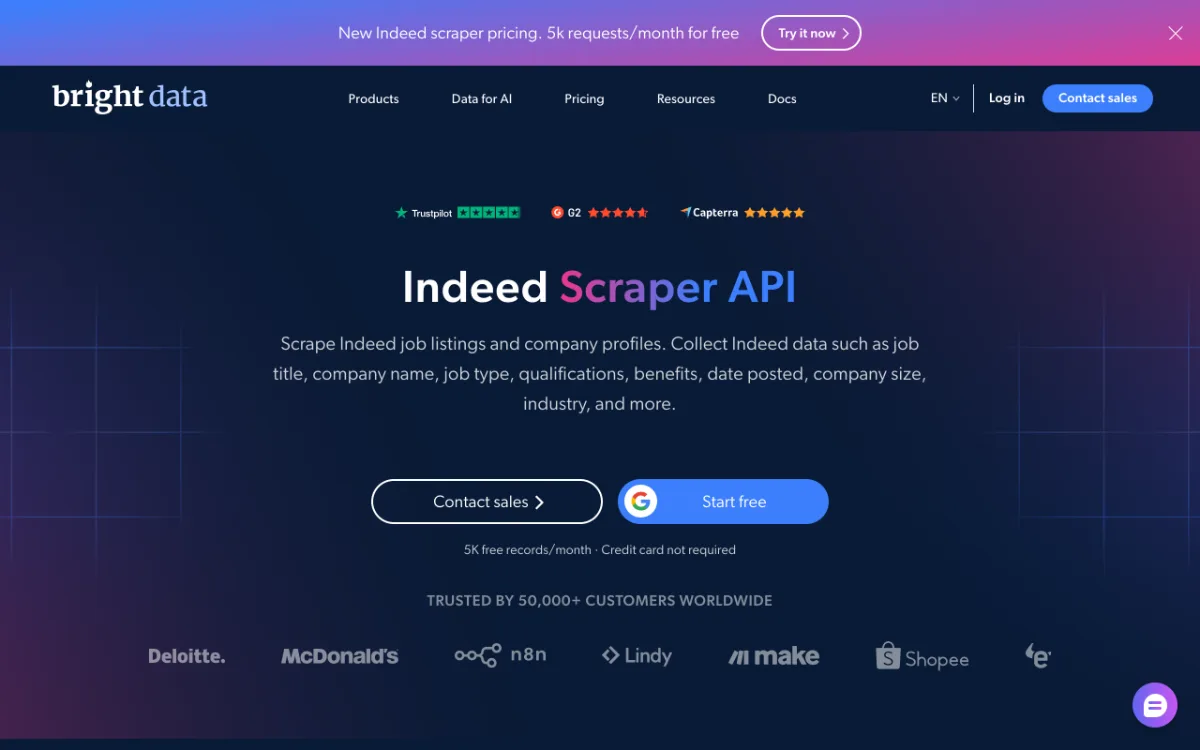 Bright Data Indeed Scraper API page, captured October 27, 2026