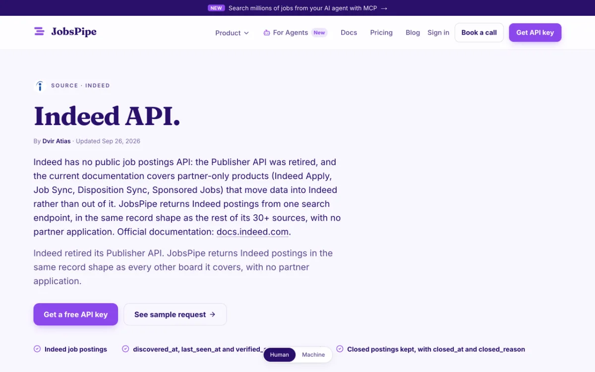 JobsPipe Indeed Jobs API page, captured October 27, 2026
