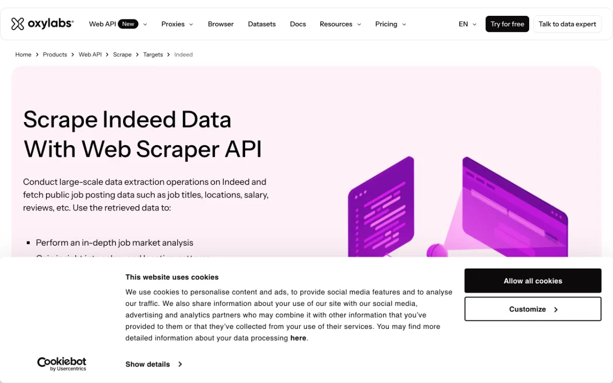 Oxylabs Indeed Scraper API page, captured October 27, 2026