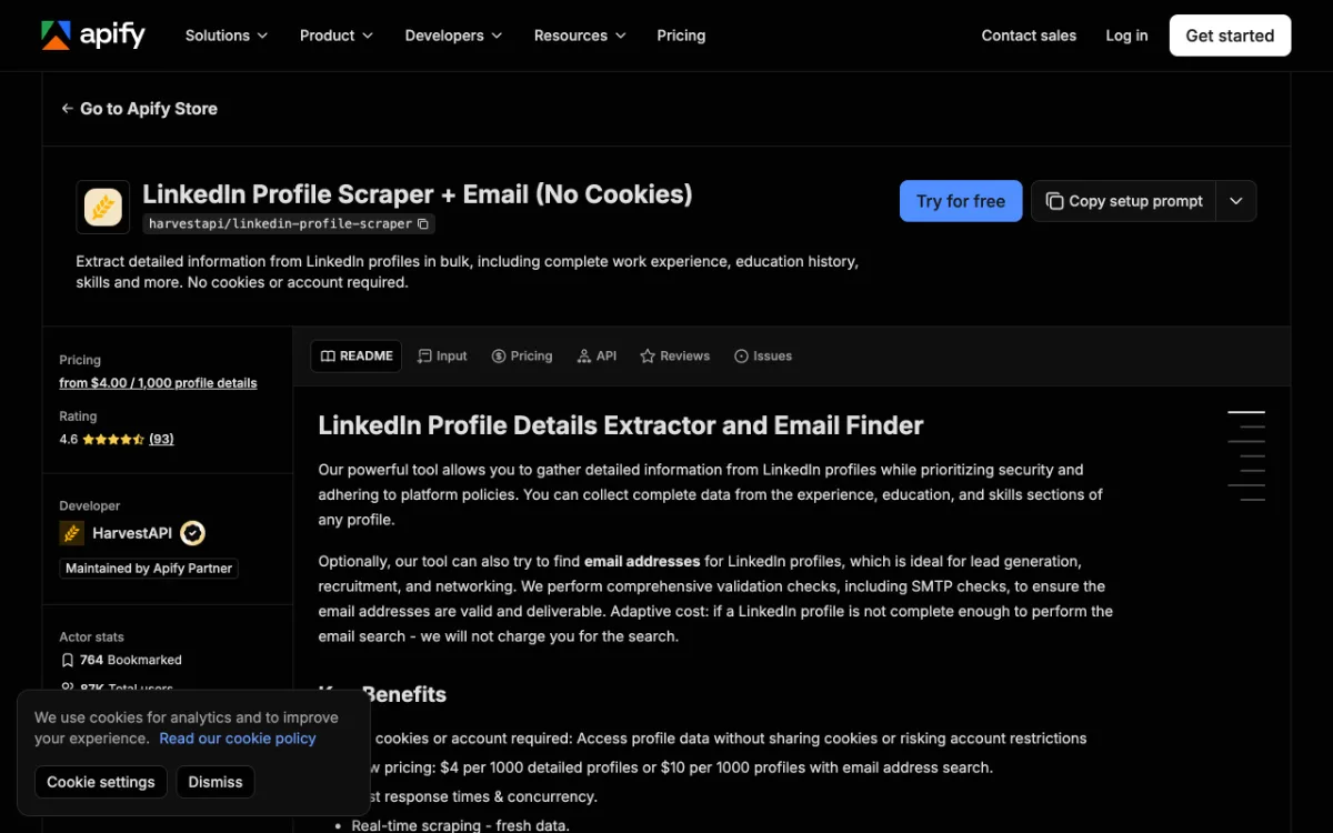 Apify HarvestAPI LinkedIn Profile Scraper page, captured October 27, 2026