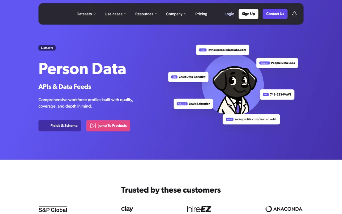 People Data Labs Person Data page, captured October 27, 2026