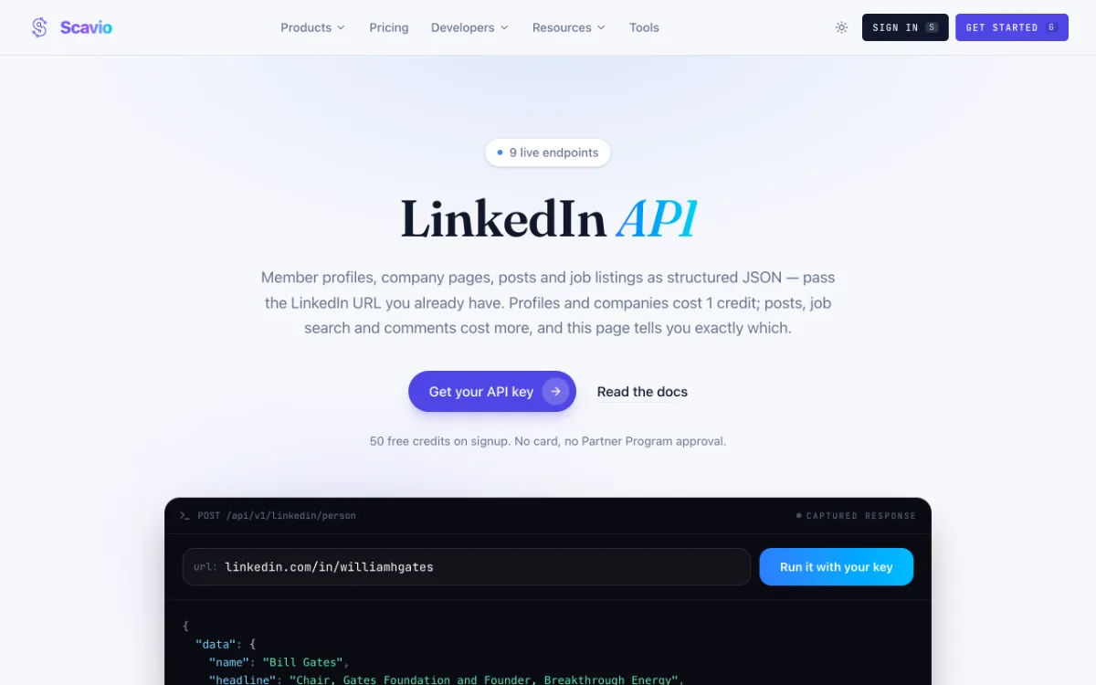 Scavio LinkedIn API page, captured October 27, 2026
