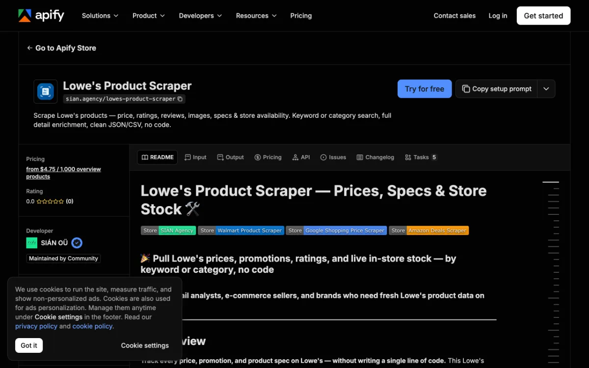 Apify Lowe's Product Scraper actor page, captured October 31, 2026