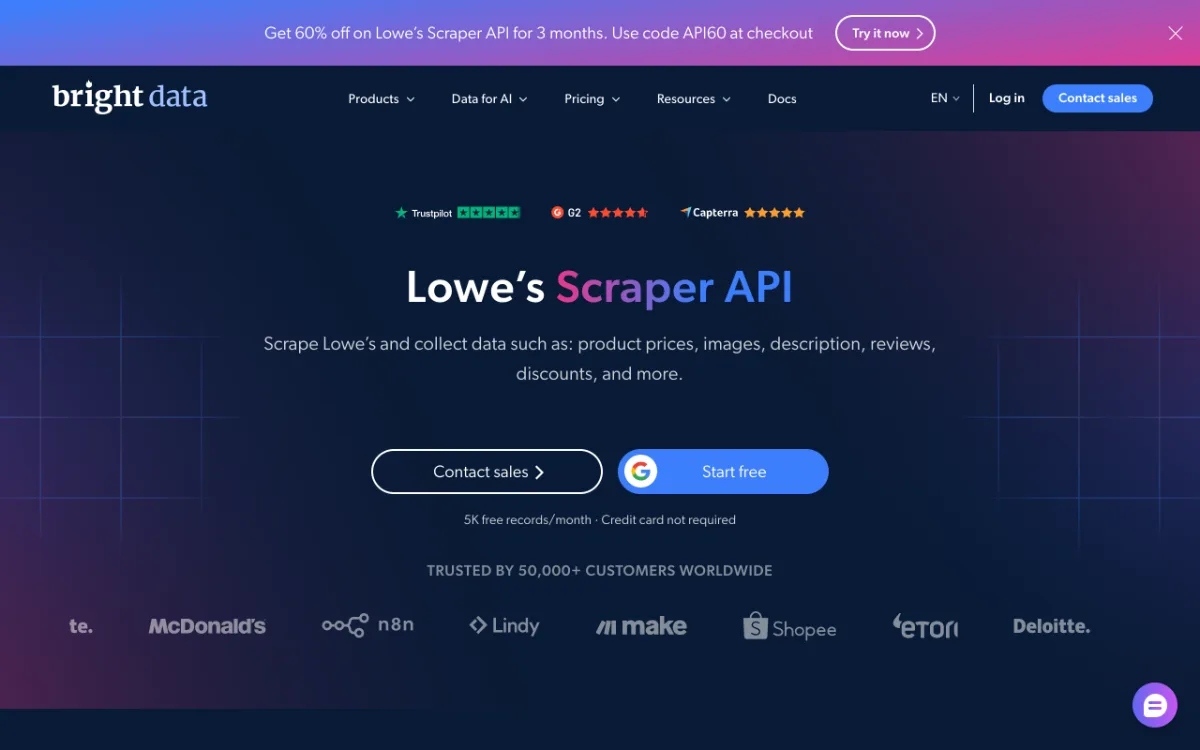 Bright Data Lowe's Scraper API page, captured October 31, 2026