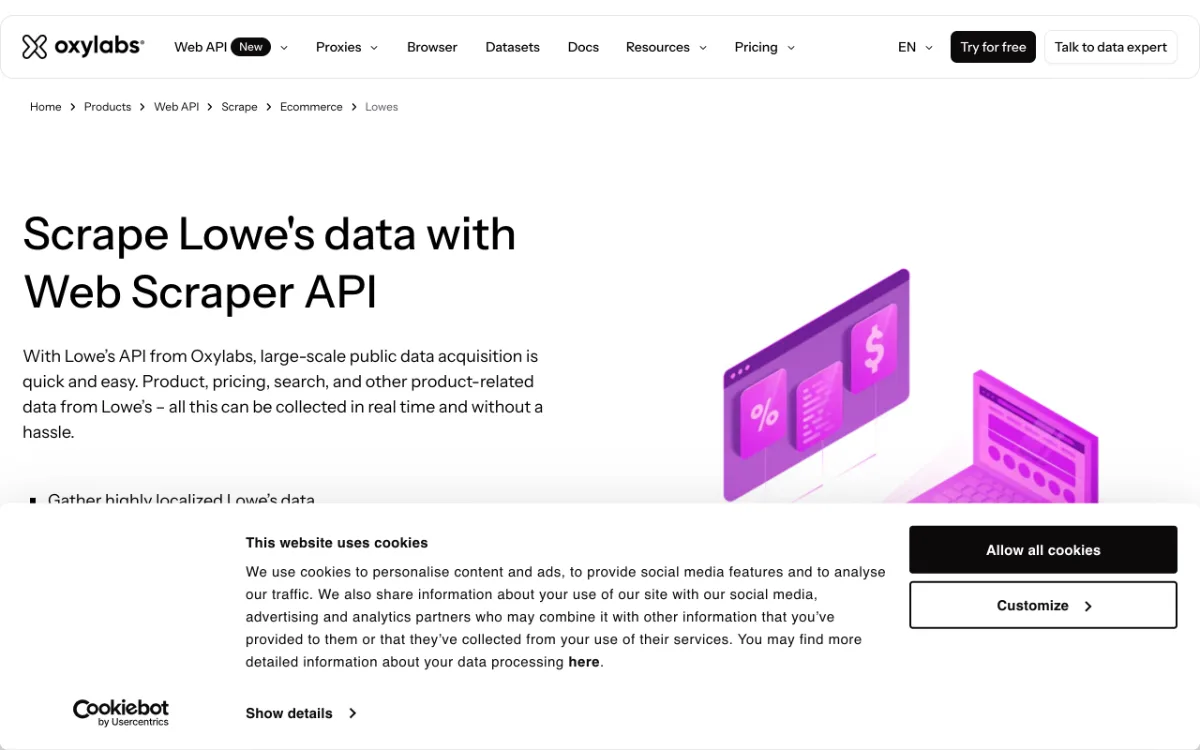 Oxylabs Lowe's Scraper API page, captured October 31, 2026