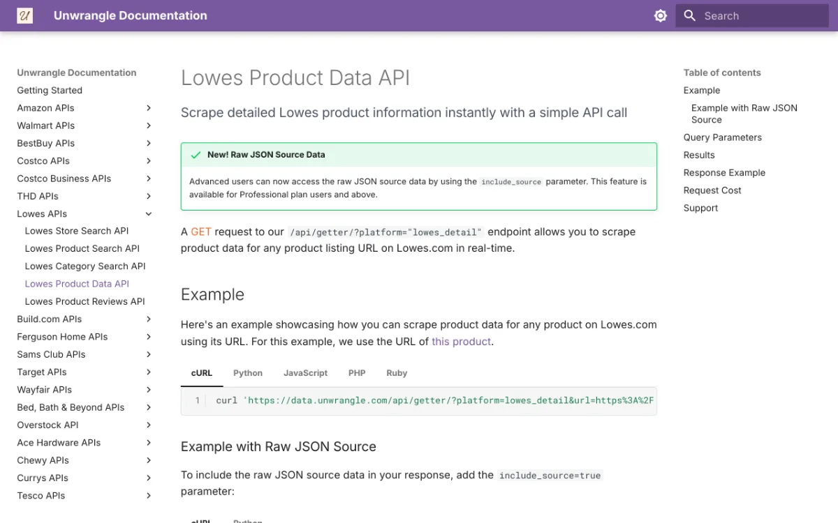 Unwrangle Lowe's Product Data API page, captured October 31, 2026