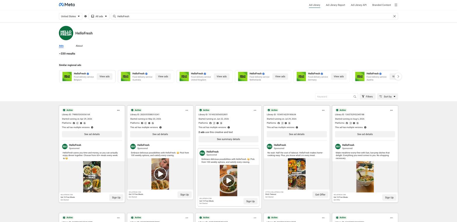 Meta Ad Library showing HelloFresh with approximately 330 results and cards reading "This ad has multiple versions"