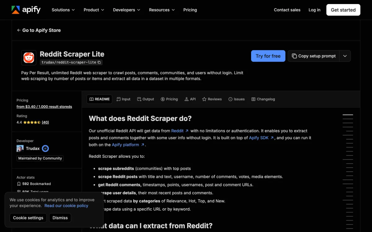 Apify Reddit Scraper Lite actor page, captured October 27, 2026