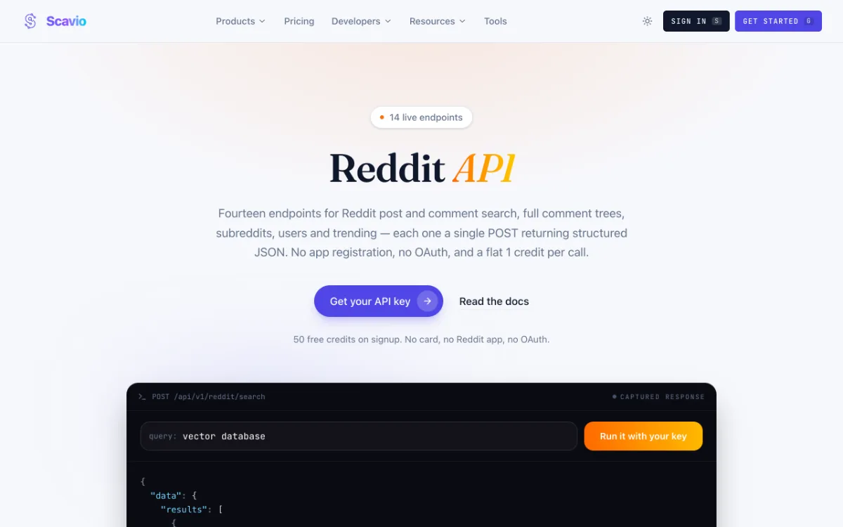 Scavio Reddit API page, captured October 27, 2026