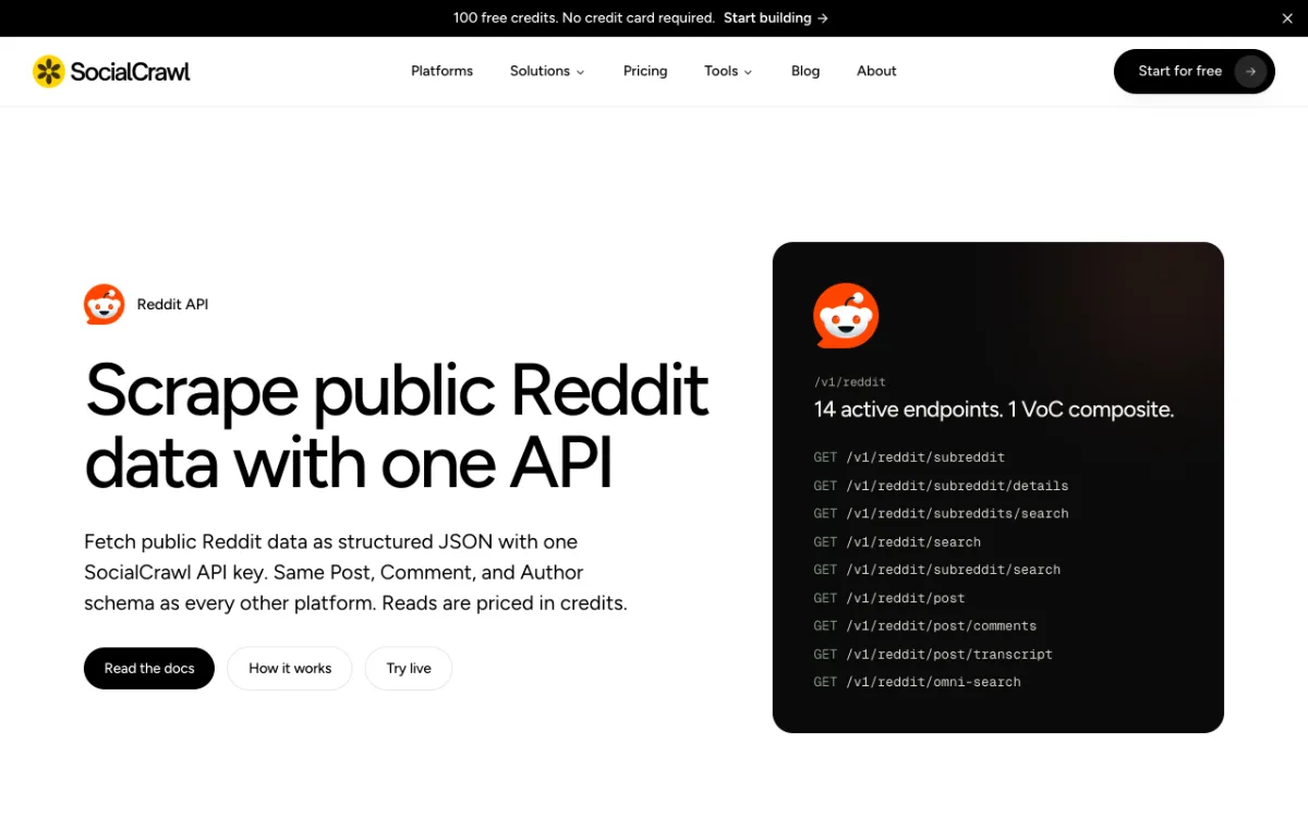 SocialCrawl Reddit API page, captured October 27, 2026