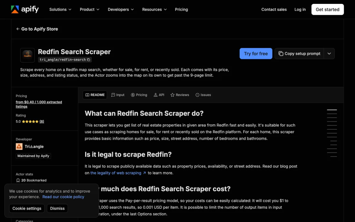Apify Redfin Search Scraper actor page, captured October 27, 2026