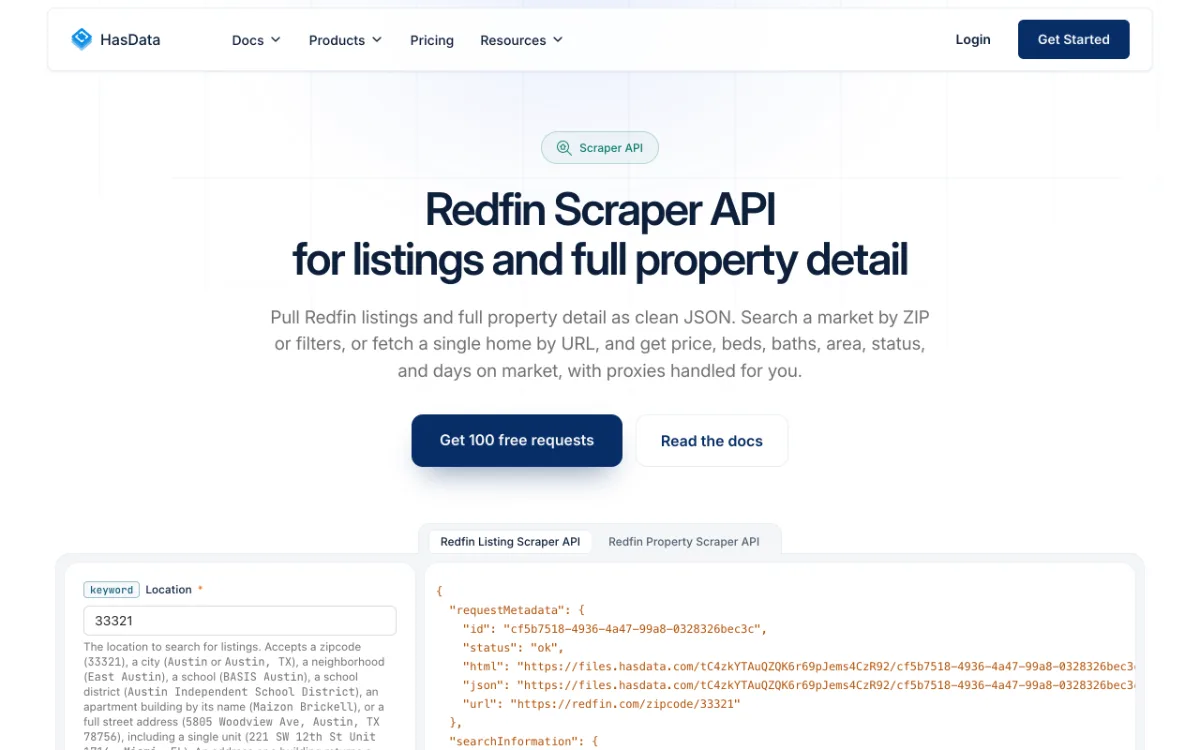 HasData Redfin Scraper API page, captured October 27, 2026