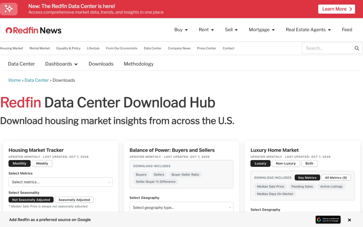 Redfin Data Center download hub, captured October 27, 2026