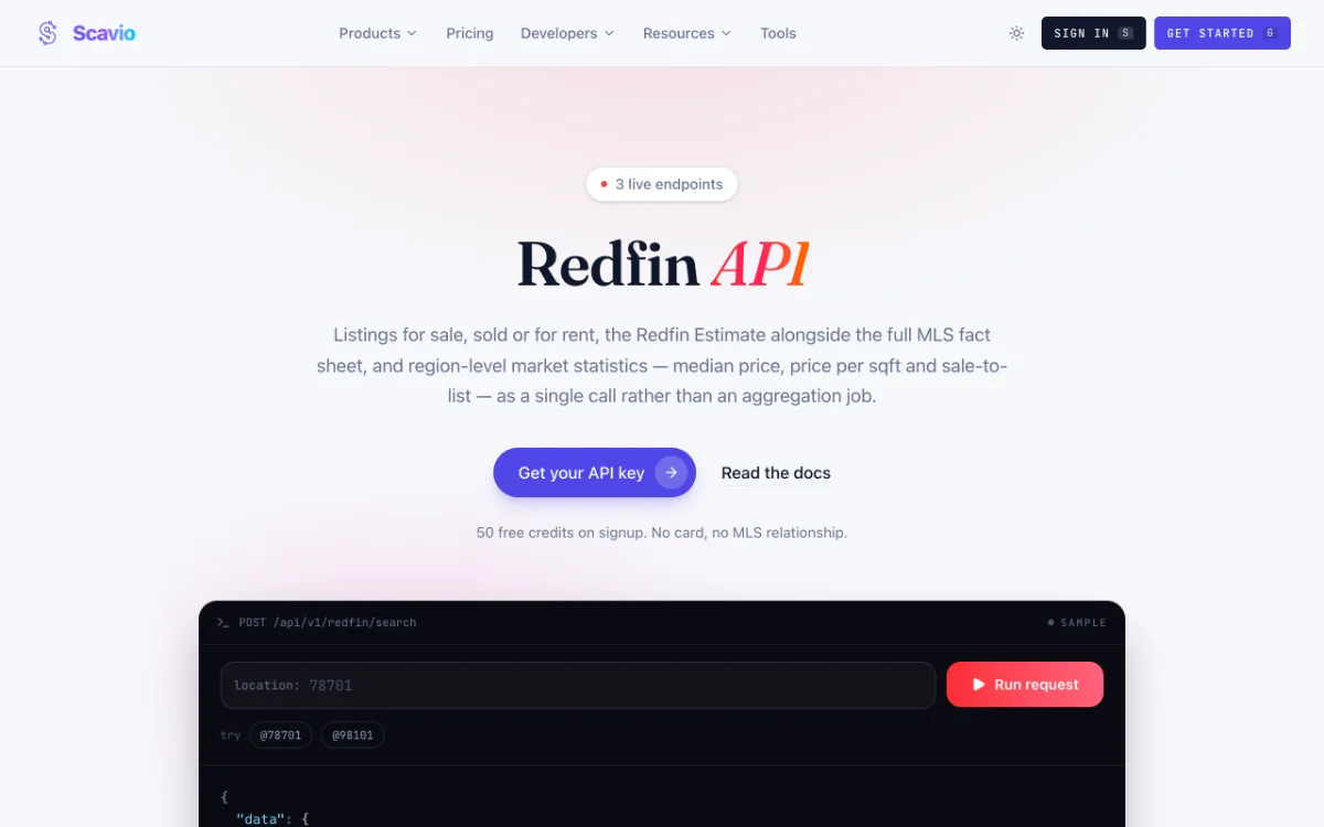 Scavio Redfin API page, captured October 27, 2026