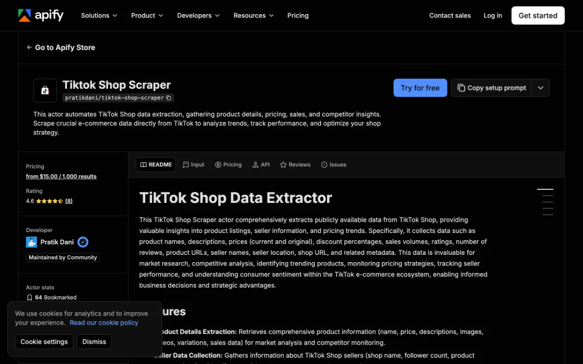Apify TikTok Shop Scraper actor page, captured October 26, 2026